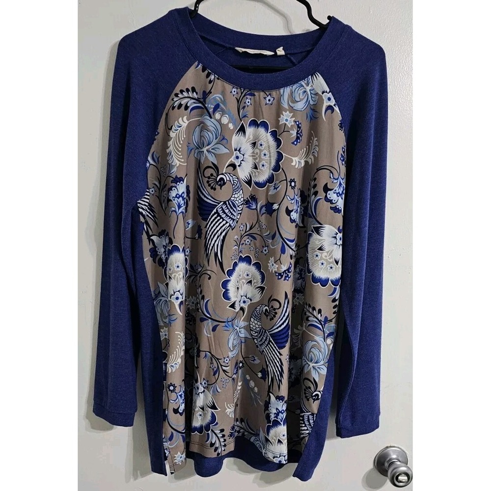 Soft Surroundings Peacock Floral Knit Top Women Large Blue Gray Long Sleeve